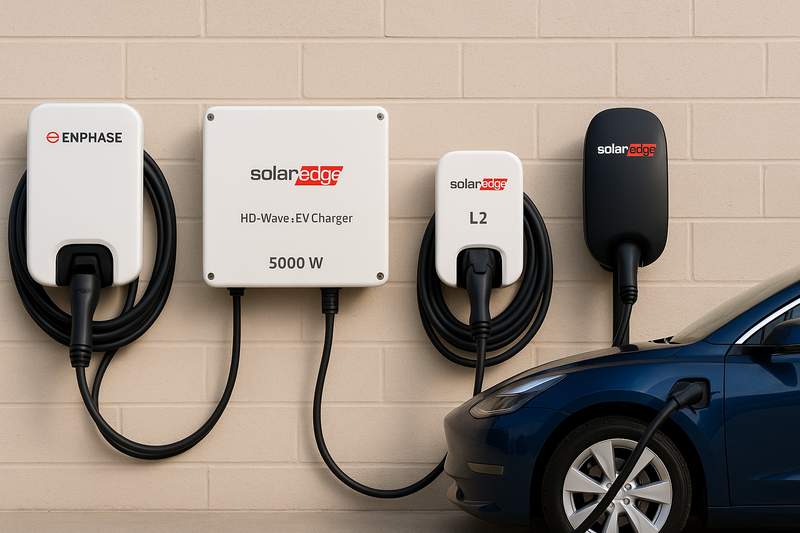 Four EV chargers (Enphase HCS-40P and three SolarEdge models) mounted on a brick wall with a blue electric vehicle charging, showcasing top residential EV charger options.