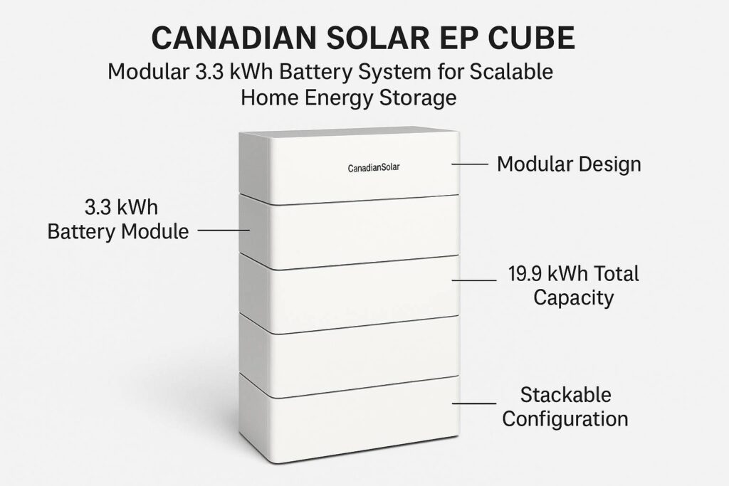 Labeled diagram of the Canadian Solar EP Cube showing its modular 3.3 kWh battery modules, stackable design, and total capacity of up to 19.9 kWh.