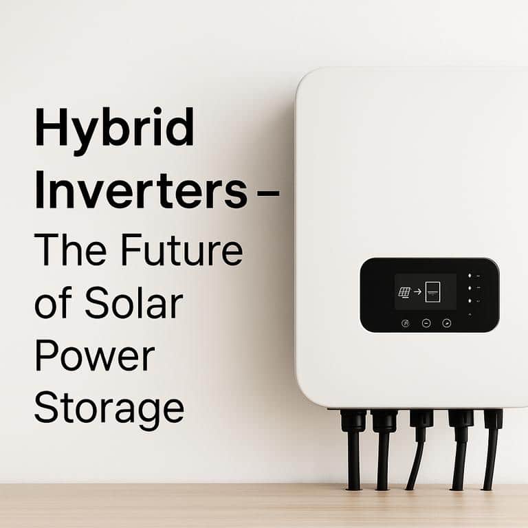 Hybrid inverter on light wooden surface with blog title “Hybrid Inverters – The Future of Solar Power Storage” on a clean wall background.