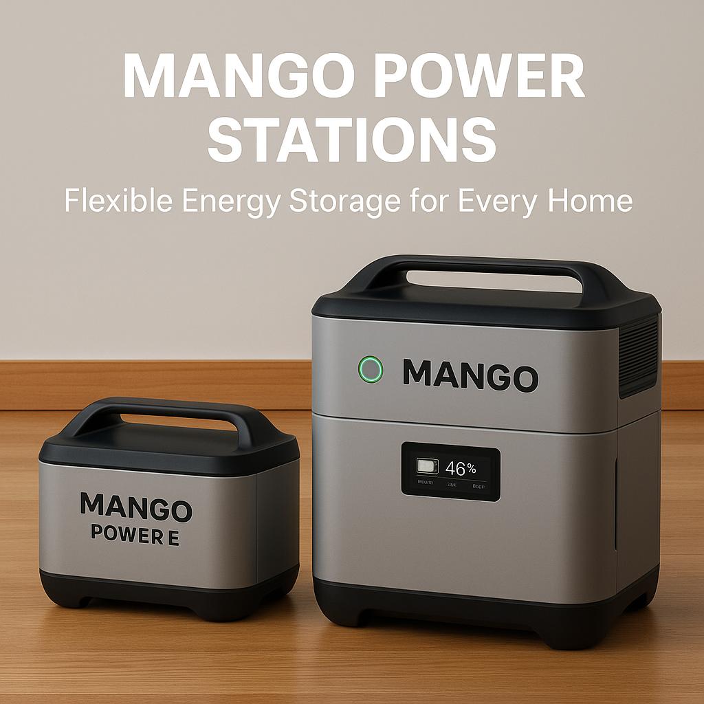 Two Mango Power Stations – the compact Mango Power E and the larger Mango Power M – positioned on a hardwood floor, representing flexible home energy storage solutions.