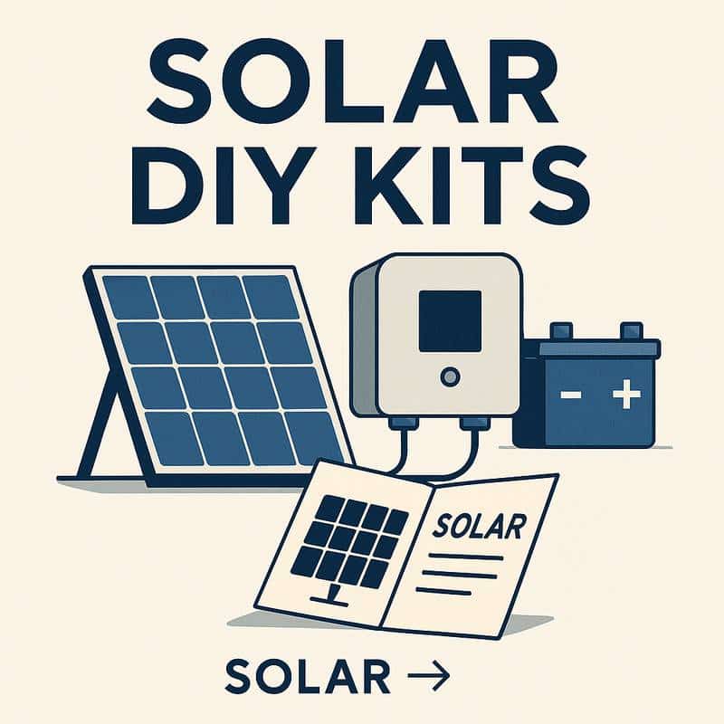 Illustration of a solar DIY kit including a solar panel, inverter, battery, and instruction manual, with bold title text "Solar DIY Kits"