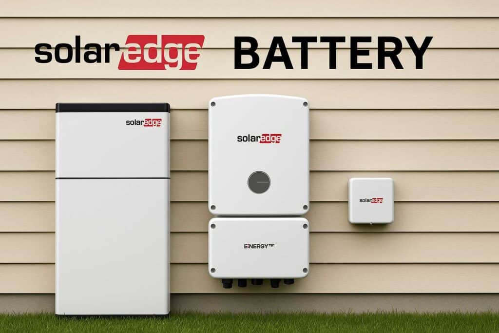 SolarEdge Energy Bank battery, hybrid inverter, and communication device installed on a beige house wall, showcasing a complete SolarEdge energy storage system.