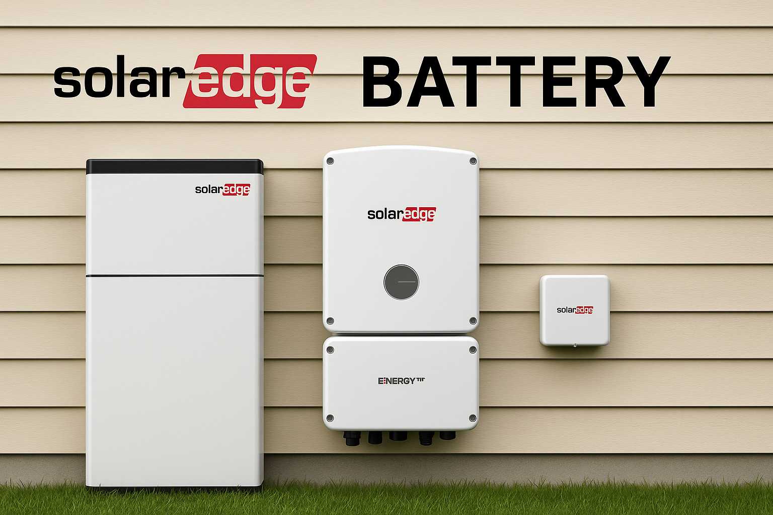 SolarEdge Energy Bank battery, hybrid inverter, and communication device installed on a beige house wall, showcasing a complete SolarEdge energy storage system.