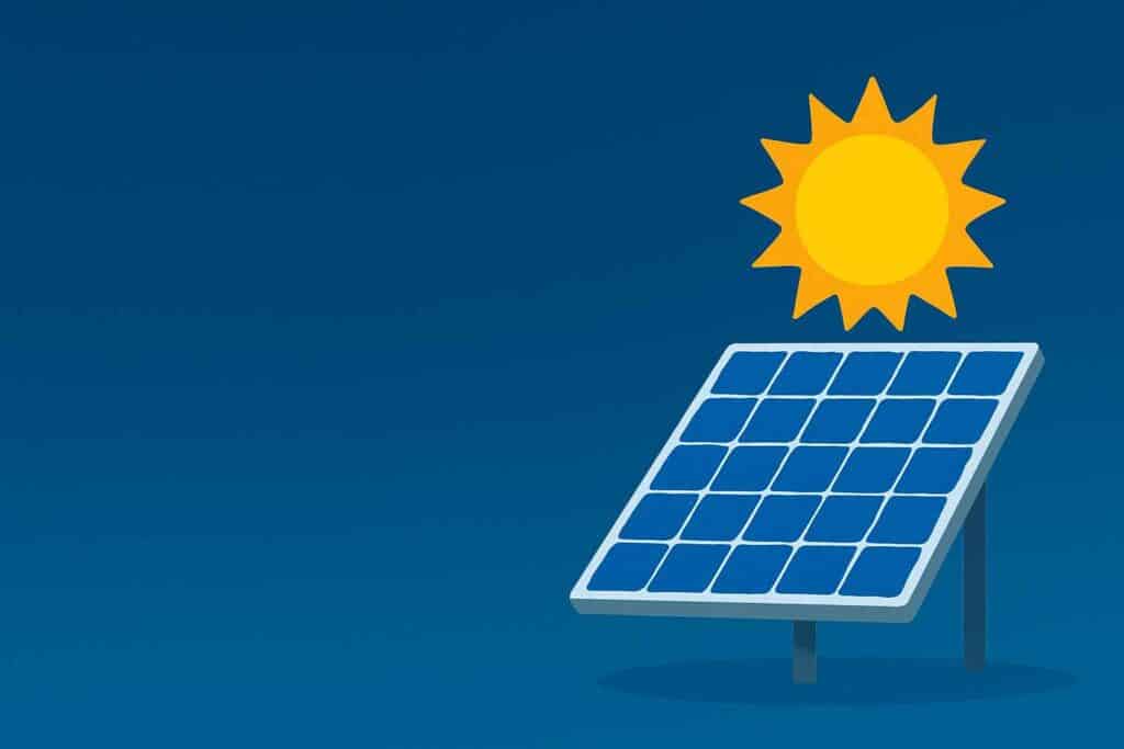 Minimalist illustration of a solar panel under a bright yellow sun on a blue gradient background, symbolizing photovoltaic efficiency.