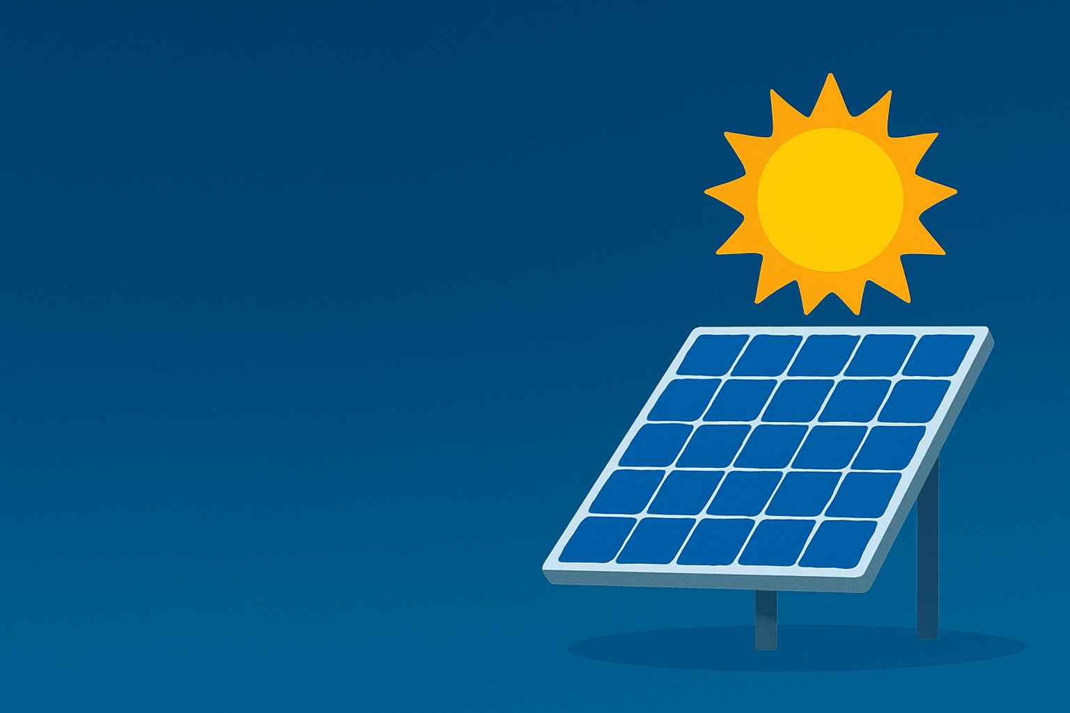 Minimalist illustration of a solar panel under a bright yellow sun on a blue gradient background, symbolizing photovoltaic efficiency.